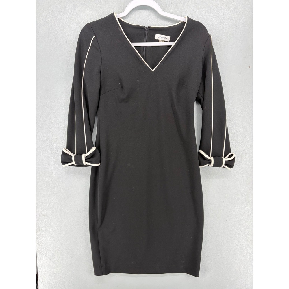 Calvin Klein Sheath Dress Womens 4 Black Ivory Piping Bow Cuff V-Neck Workwear - Picture 2 of 5